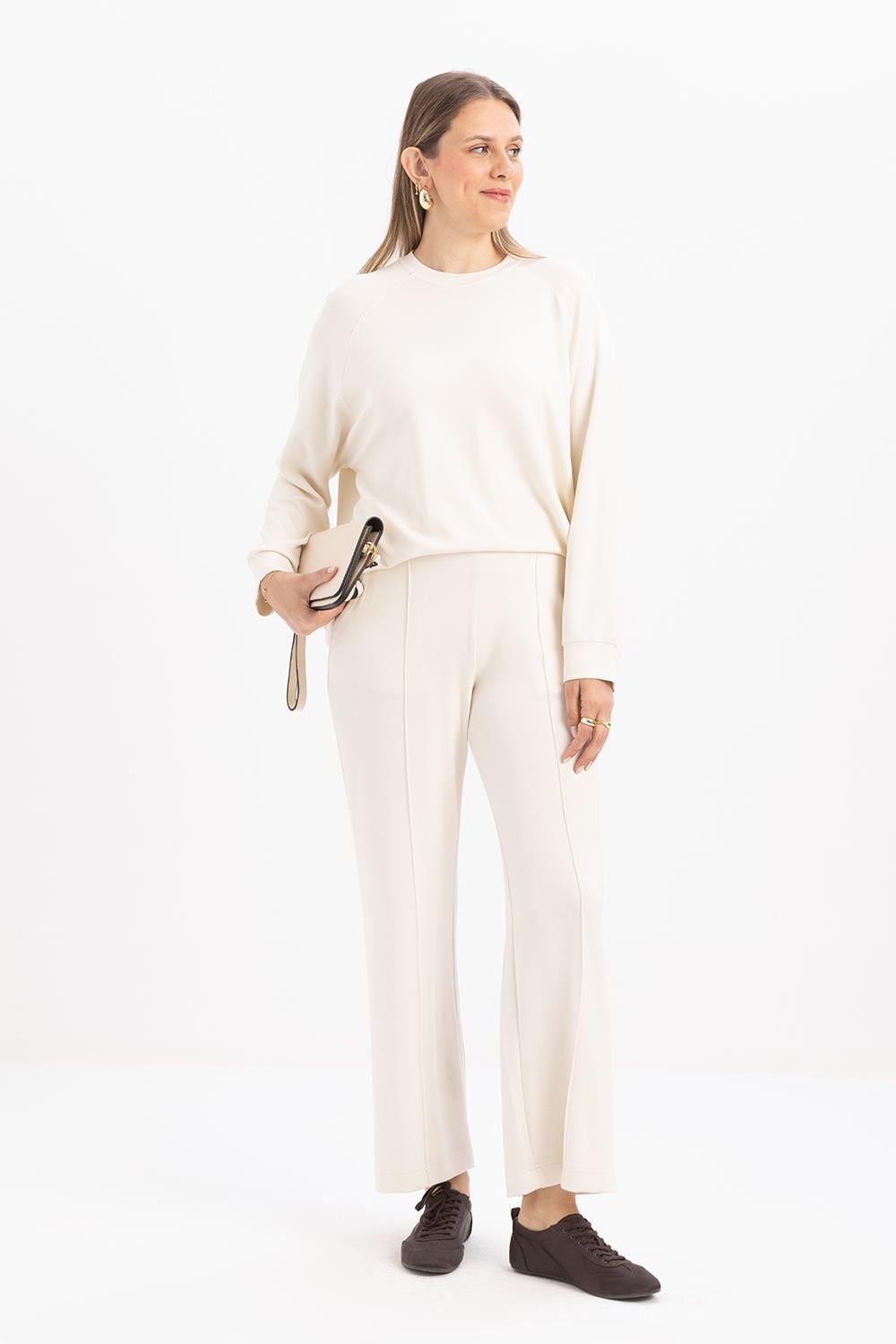 Ecru-Wide Leg Slit Stretch Knit Trousers