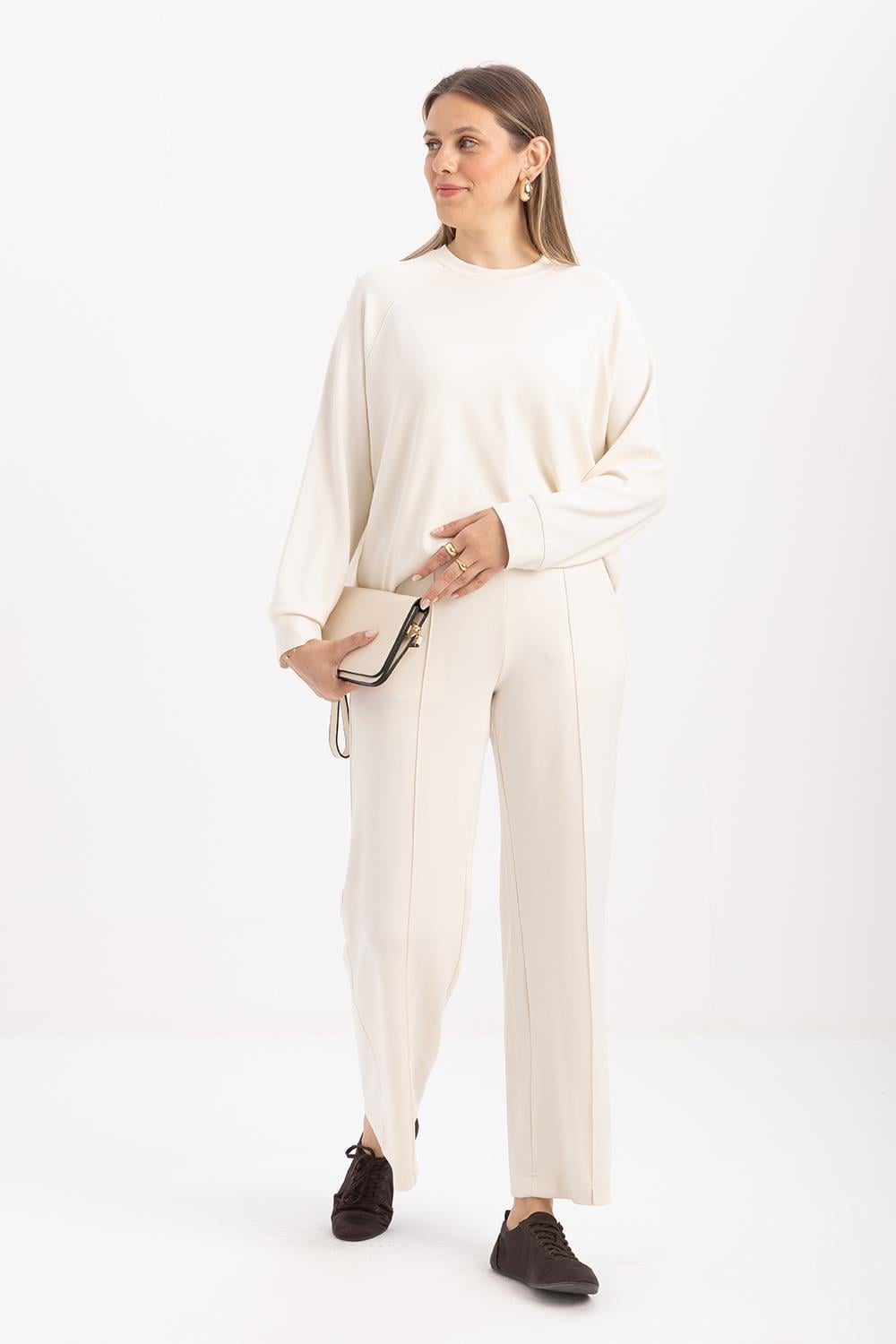 Ecru-Wide Leg Slit Stretch Knit Trousers