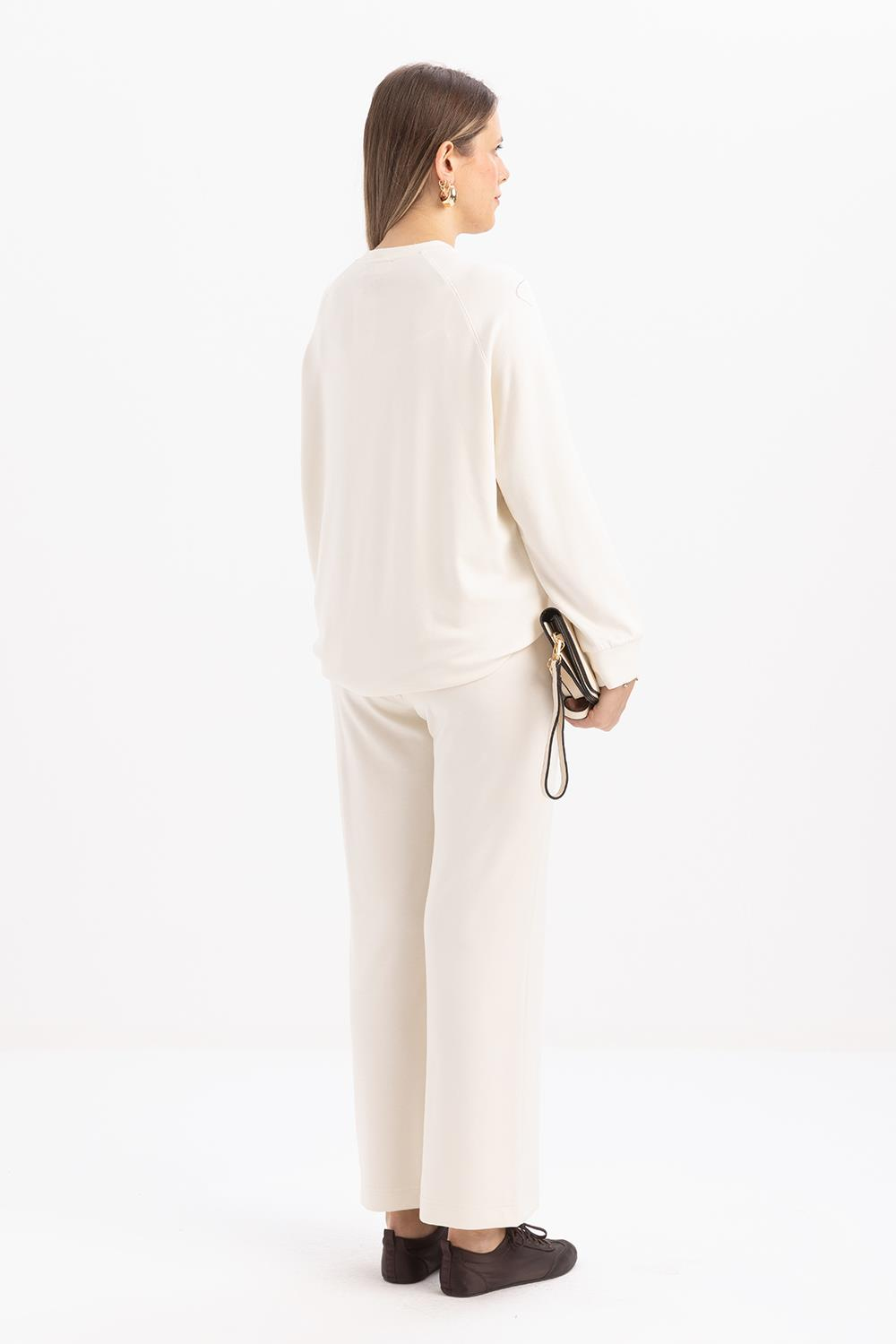 Ecru-Wide Leg Slit Stretch Knit Trousers