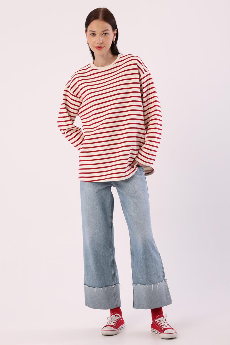 Ekru-Bordo-Çizgili Oversize Sweatshirt