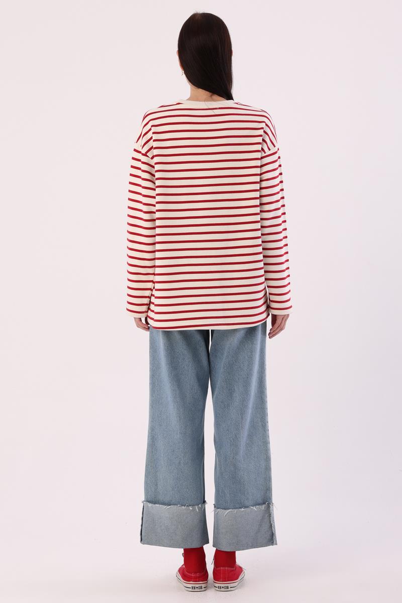 Ekru-Bordo-Çizgili Oversize Sweatshirt