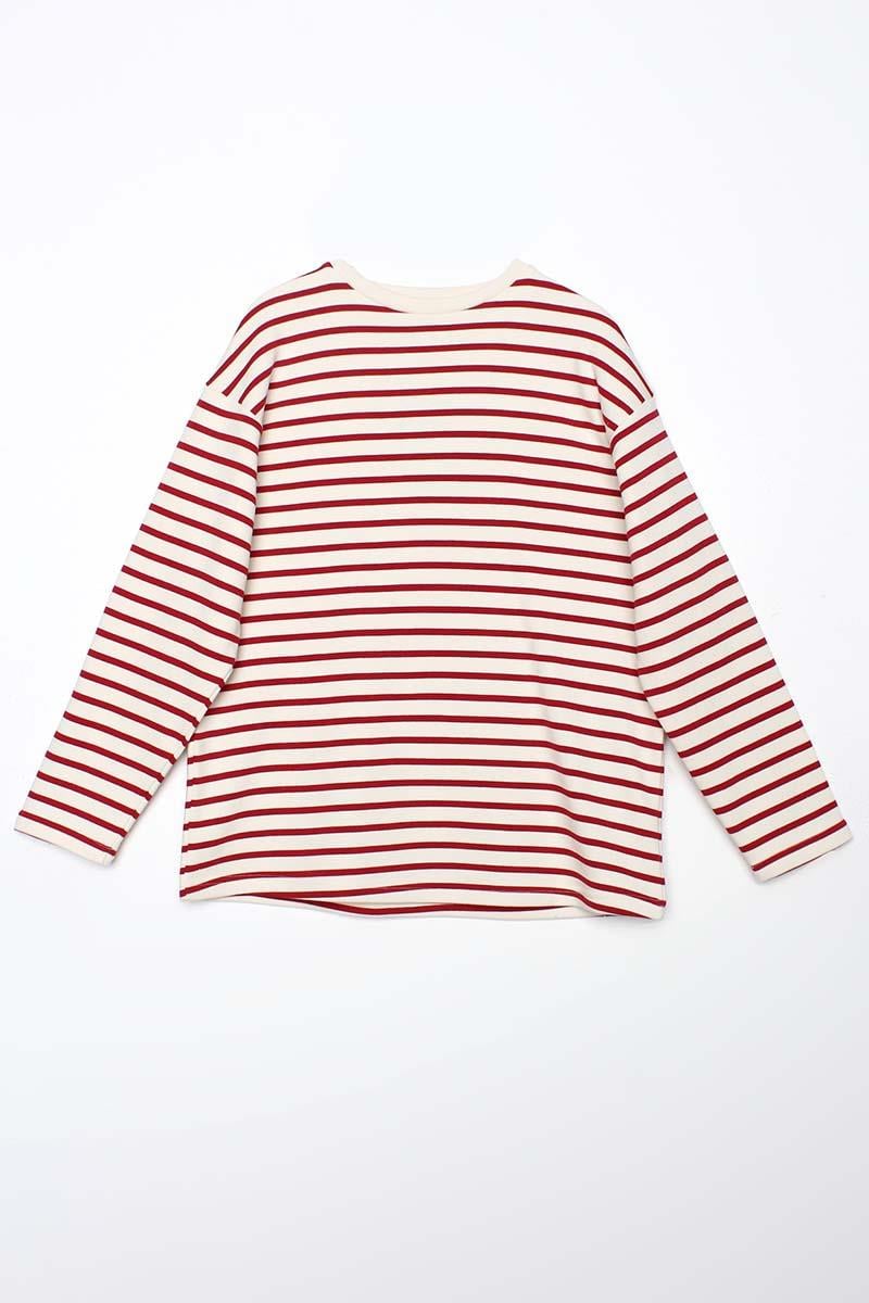 Ekru-Bordo-Çizgili Oversize Sweatshirt