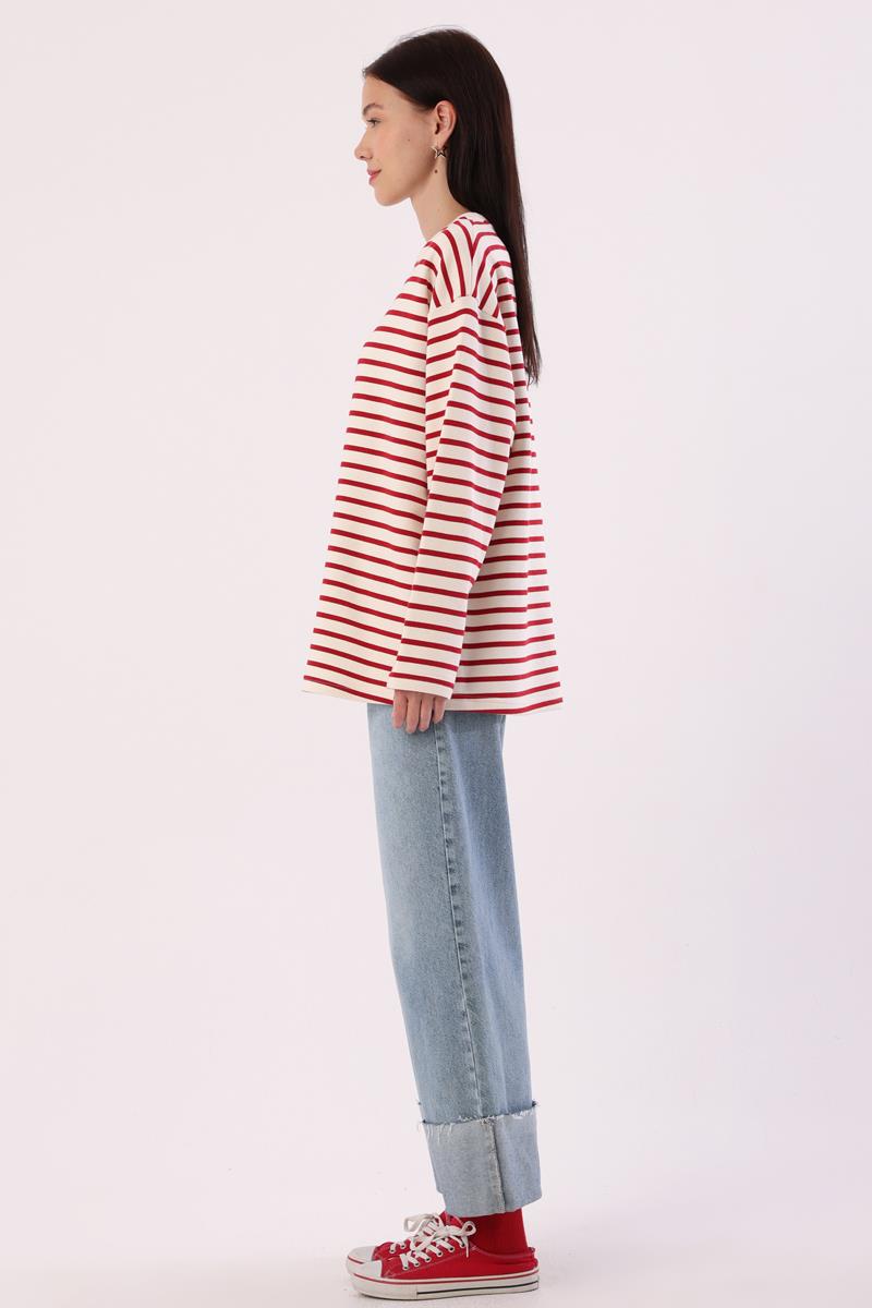 Ekru-Bordo-Çizgili Oversize Sweatshirt