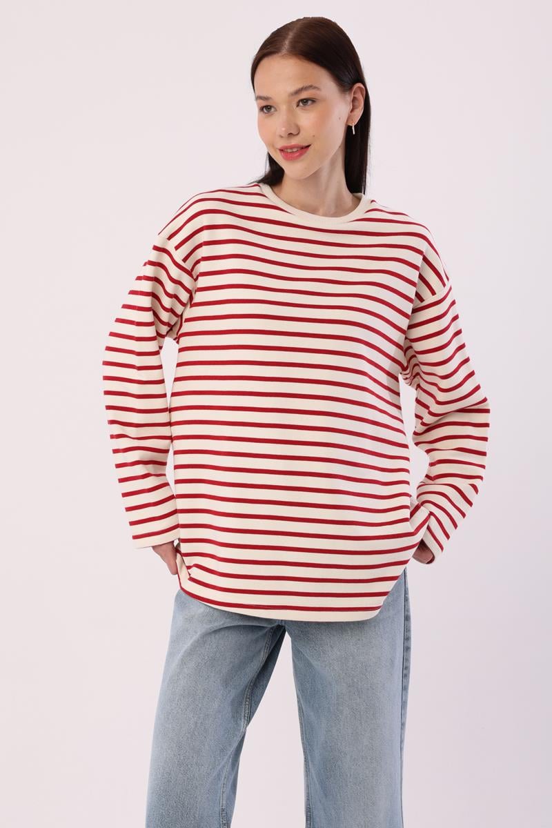 Ekru-Bordo-Çizgili Oversize Sweatshirt