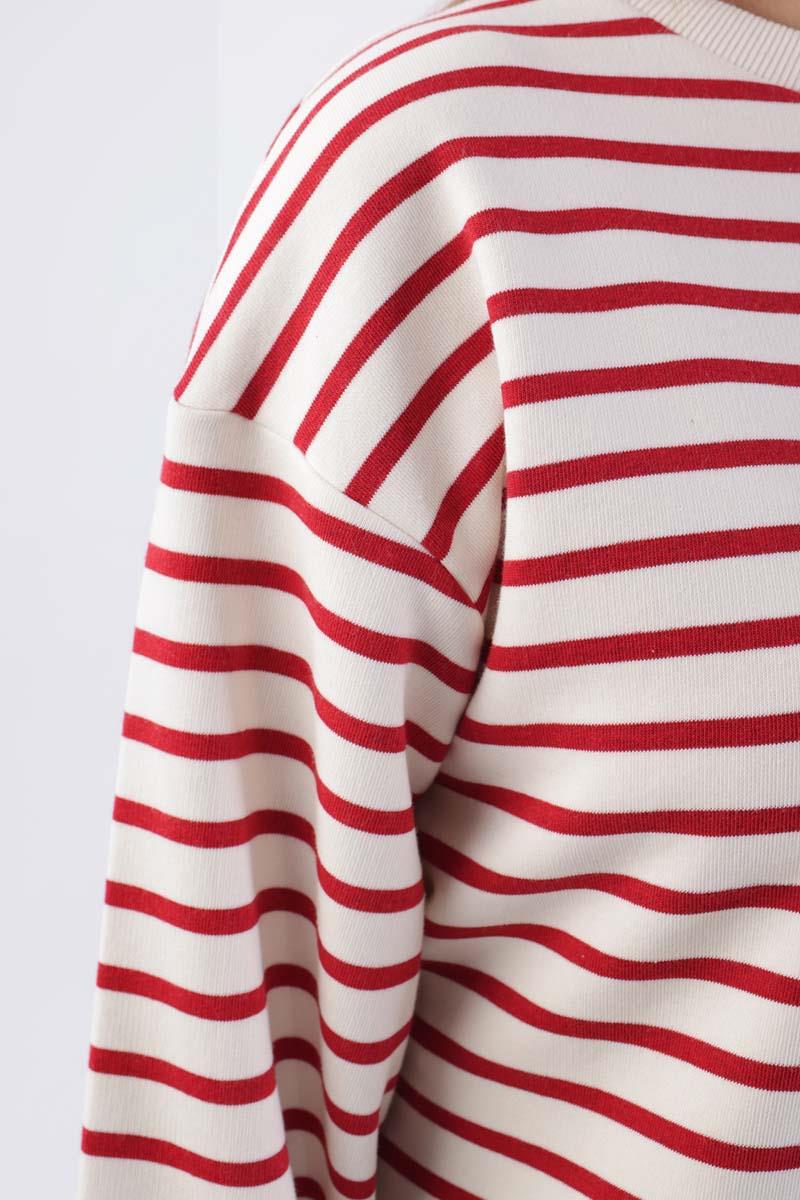 Ekru-Bordo-Çizgili Oversize Sweatshirt