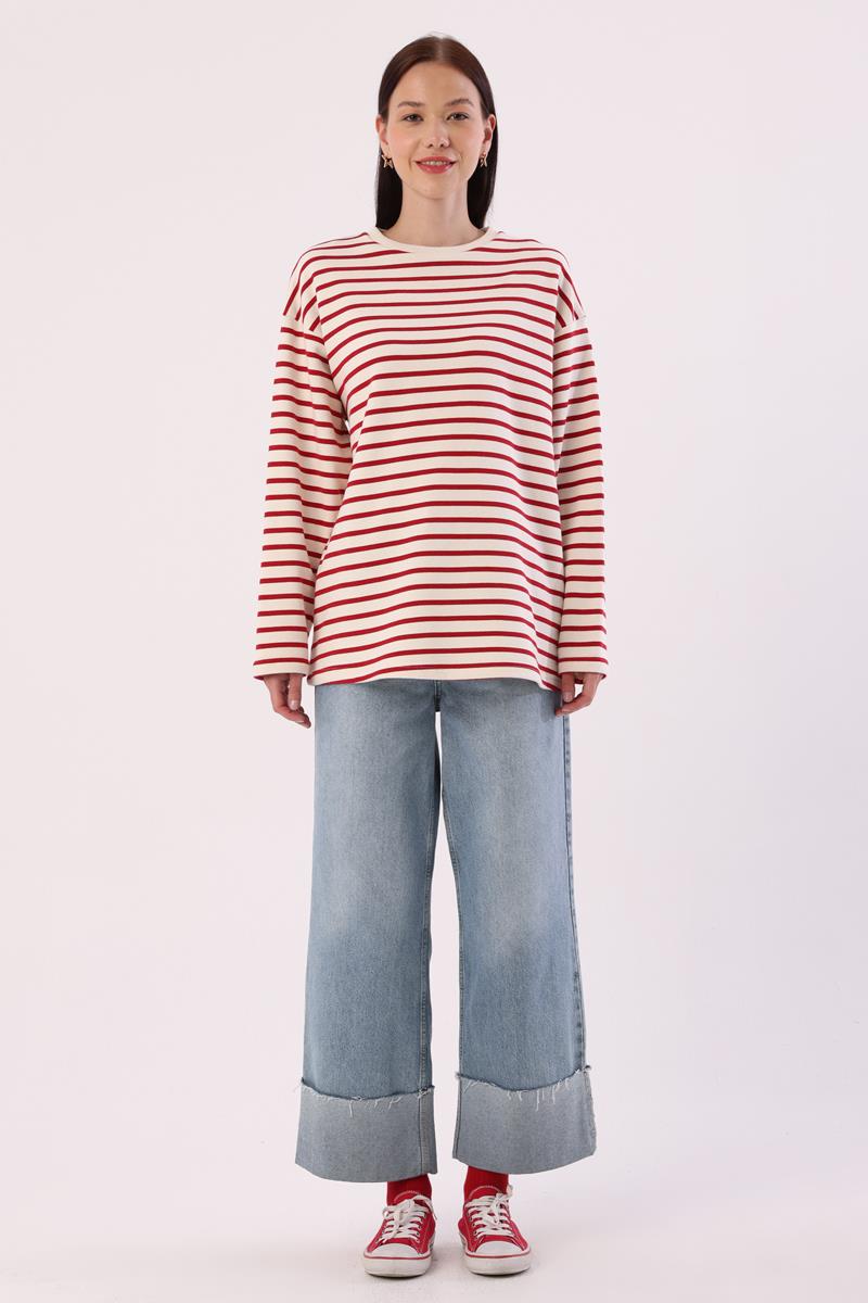 Ekru-Bordo-Çizgili Oversize Sweatshirt