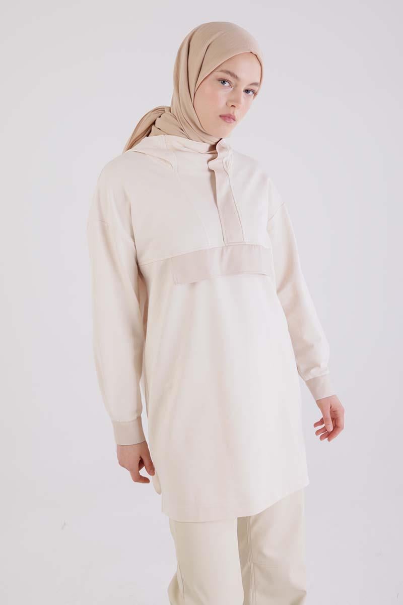 Ekru-Deri Garnili Kapüşonlu Sweat Tunik