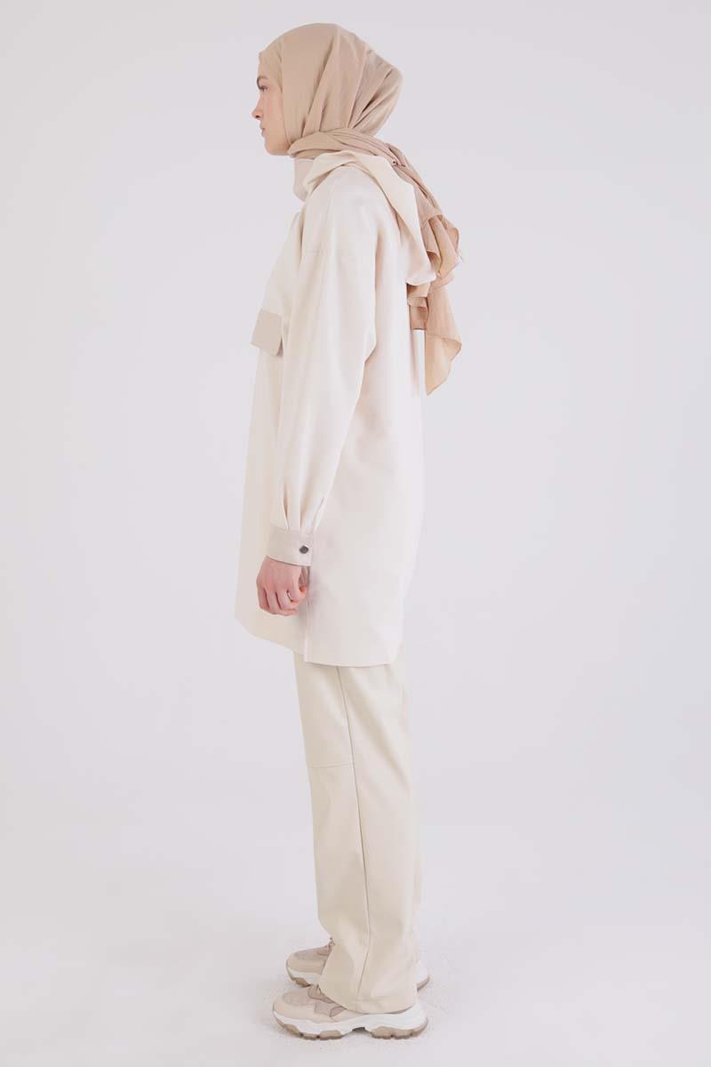 Ekru-Deri Garnili Kapüşonlu Sweat Tunik