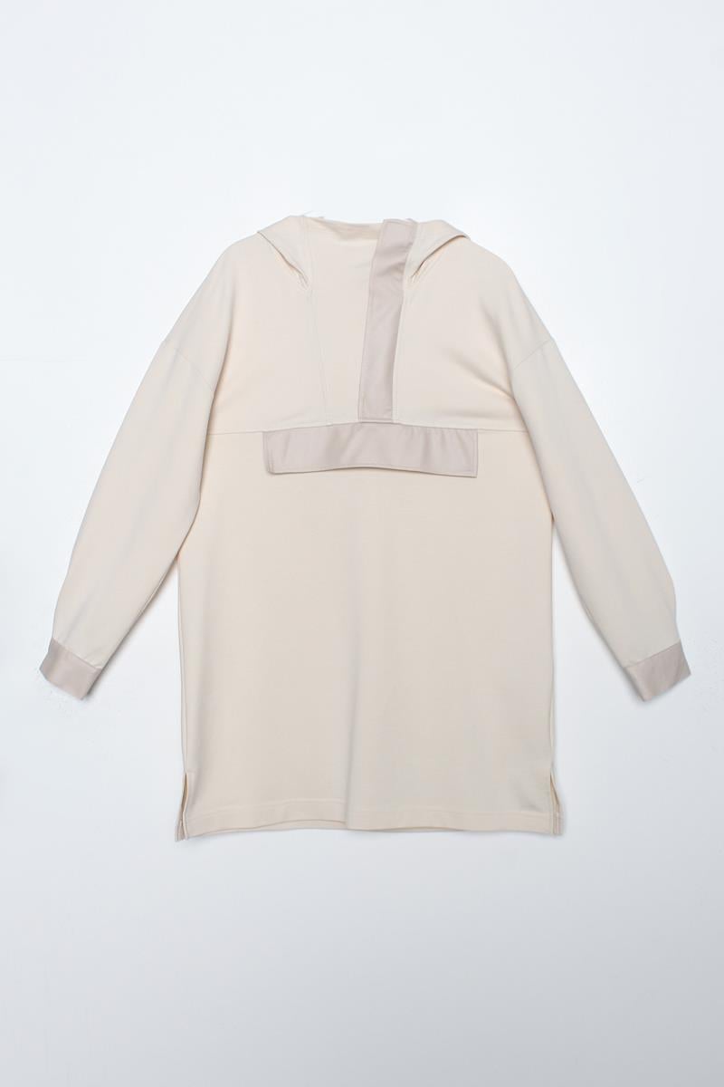 Ekru-Deri Garnili Kapüşonlu Sweat Tunik