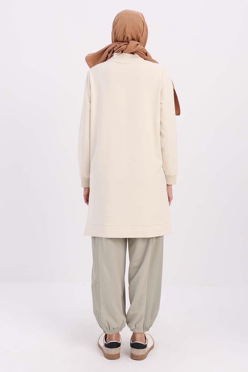Ekru-FERMUAR CEPLİ YIRTMAÇLI SWEAT TUNİK