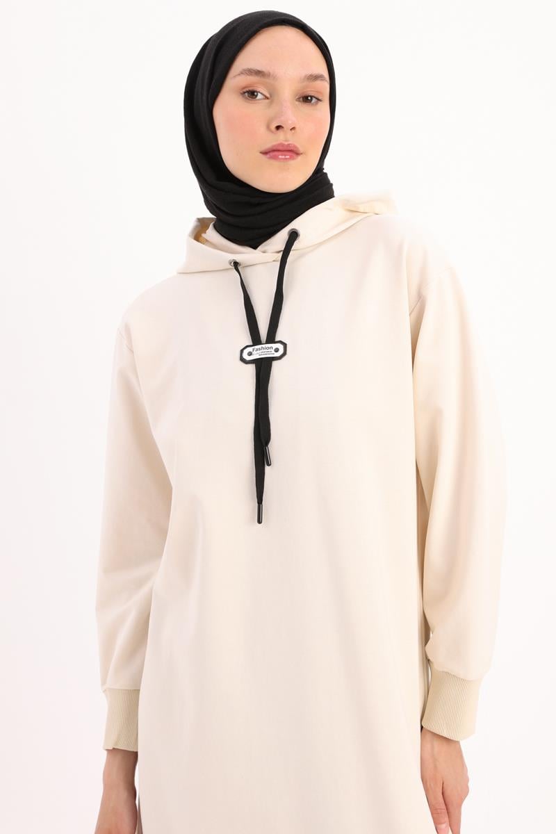 Ekru-Kapüşonlu Deri Aplikeli Sweat Tunik