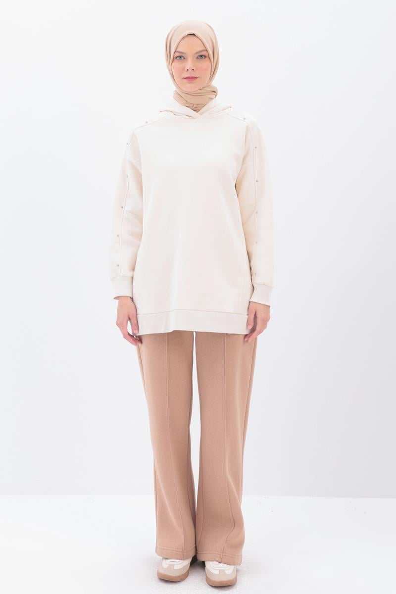 Ekru-KOLLARI TAŞLI KAPÜŞONLU SWEAT TUNİK