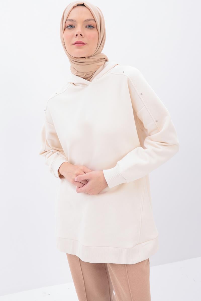 Ekru-KOLLARI TAŞLI KAPÜŞONLU SWEAT TUNİK