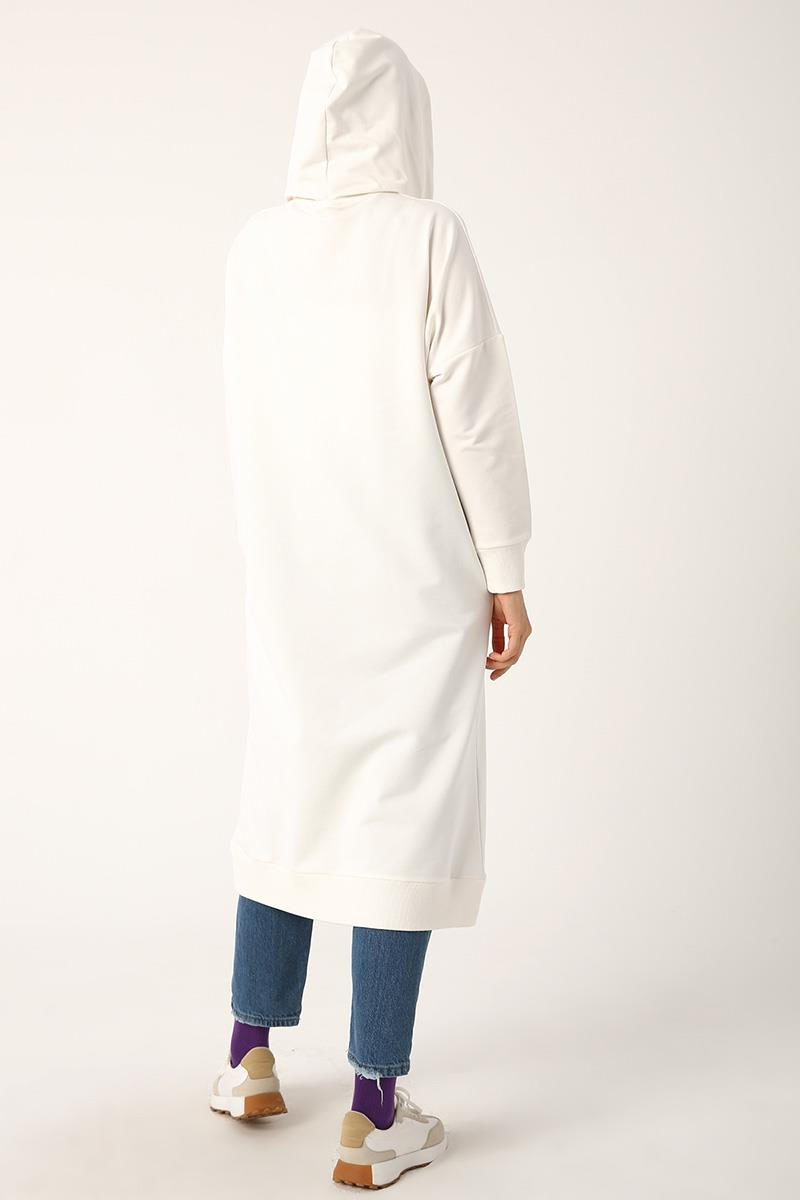 Ekru-Kuşgözlü Kapüşonlu Cepli Sweat Tunik