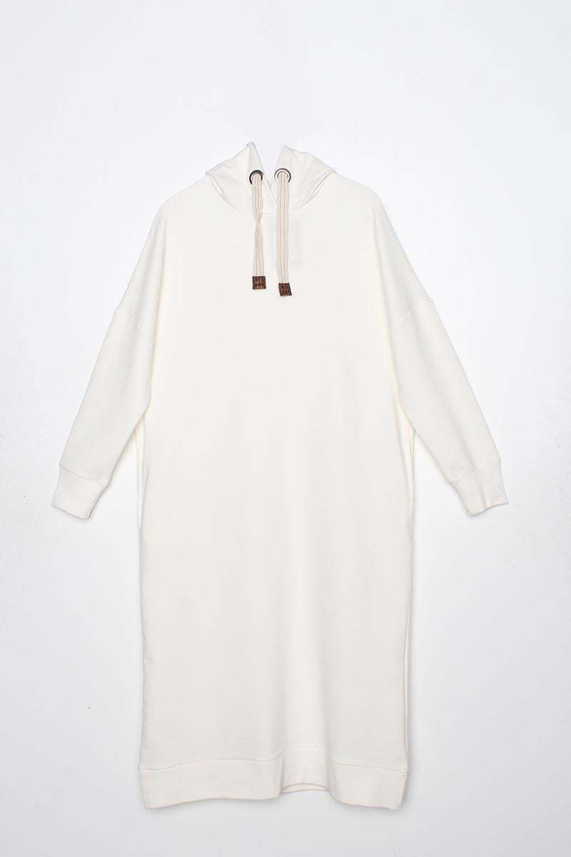 Ekru-Kuşgözlü Kapüşonlu Cepli Sweat Tunik