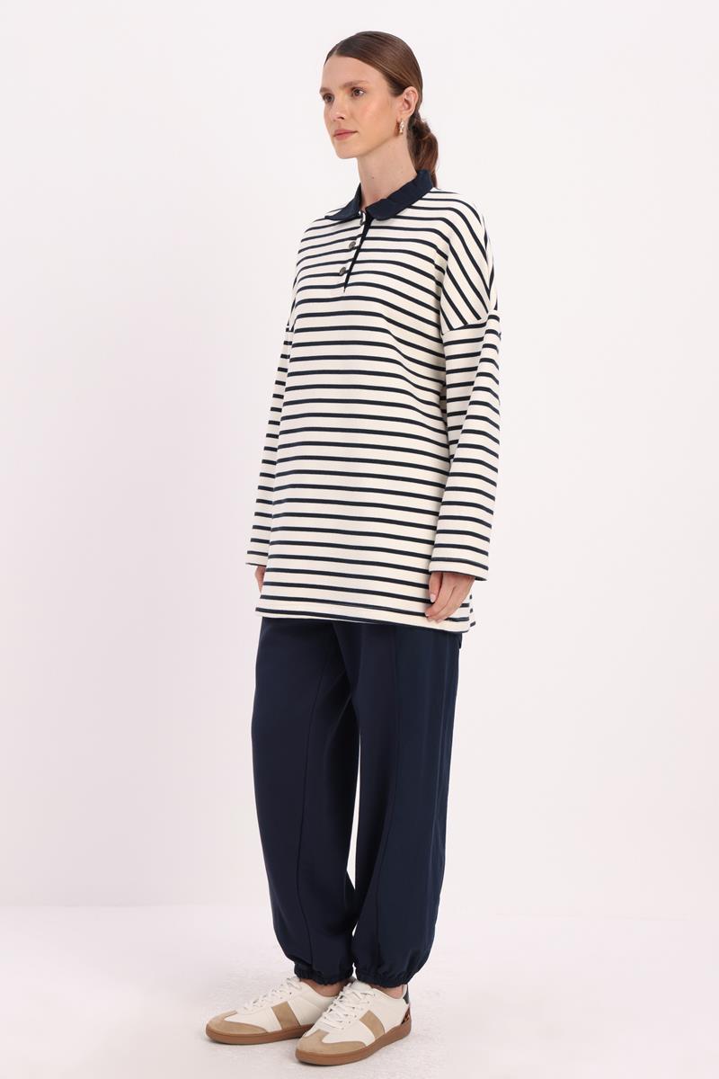 Ekru-Lacivert-Pamuklu Şardonlu Çizgili Sweatshirt