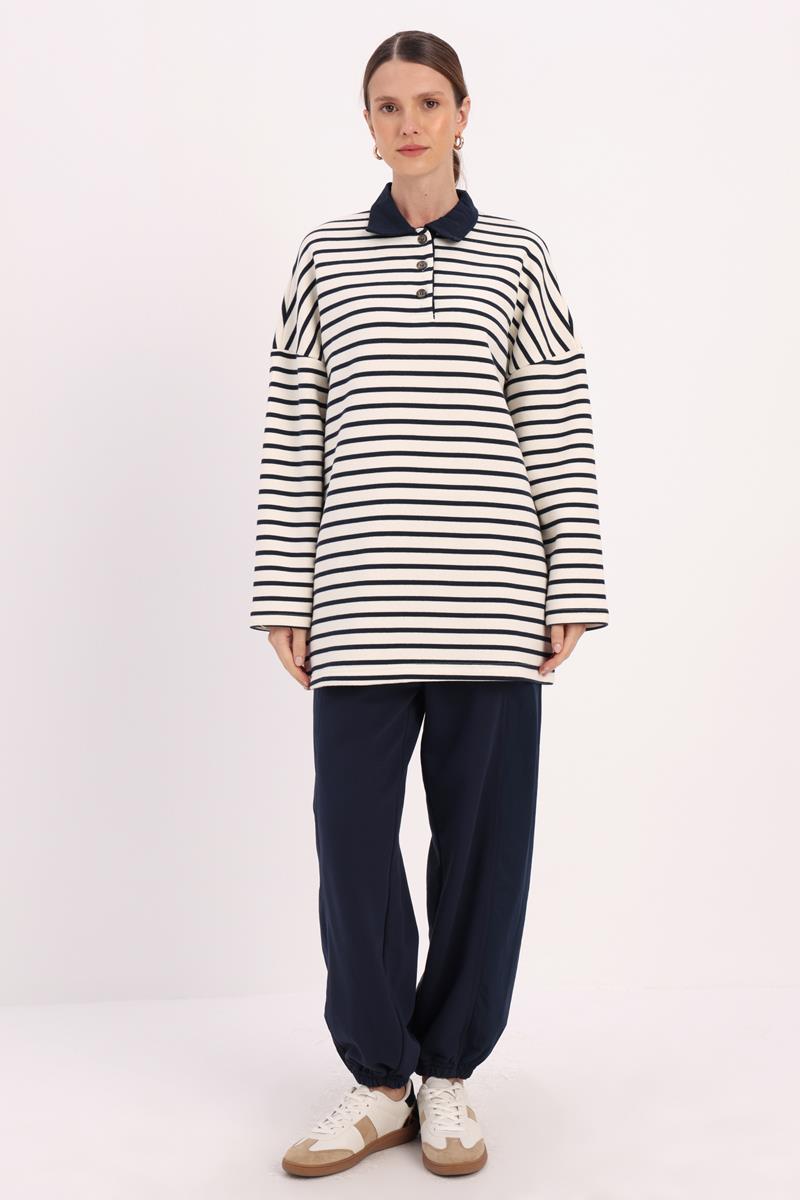 Ekru-Lacivert-Pamuklu Şardonlu Çizgili Sweatshirt