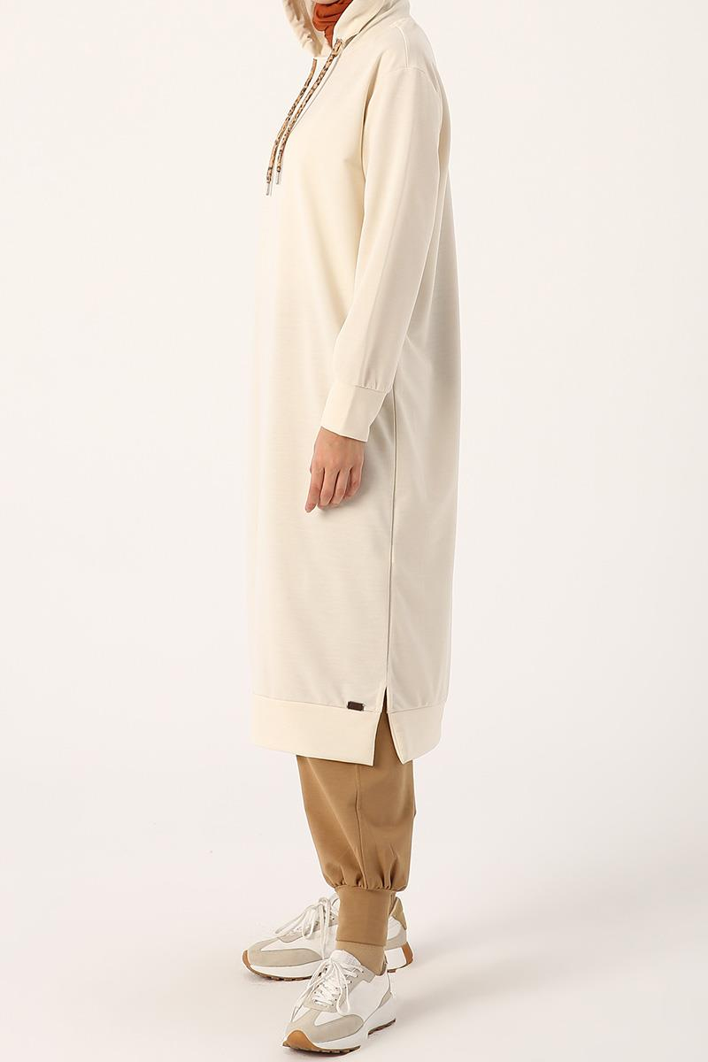 Ekru-Leopar Bağcıklı Kapüşonlu Rahat Tunik