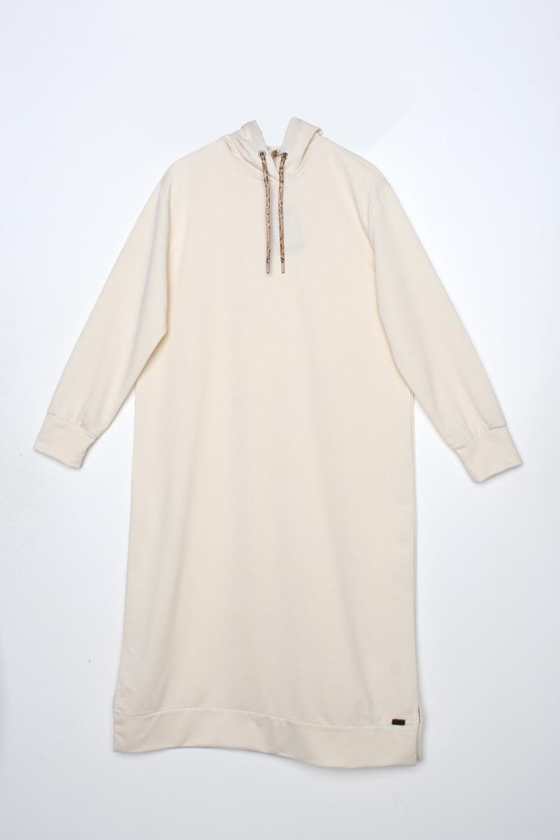 Ekru-Leopar Bağcıklı Kapüşonlu Rahat Tunik