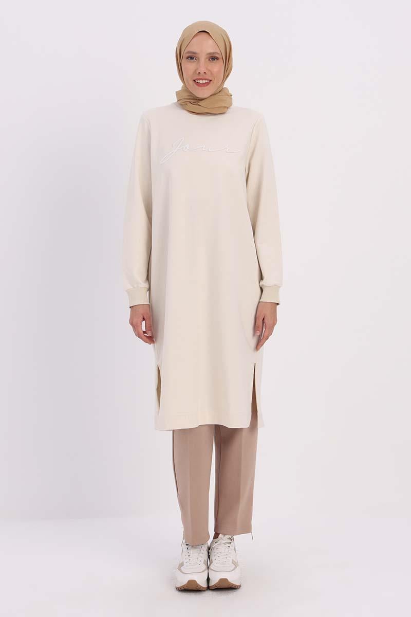 Ekru-NAKIŞLI PİLİKAŞELİ SWEAT TUNİK