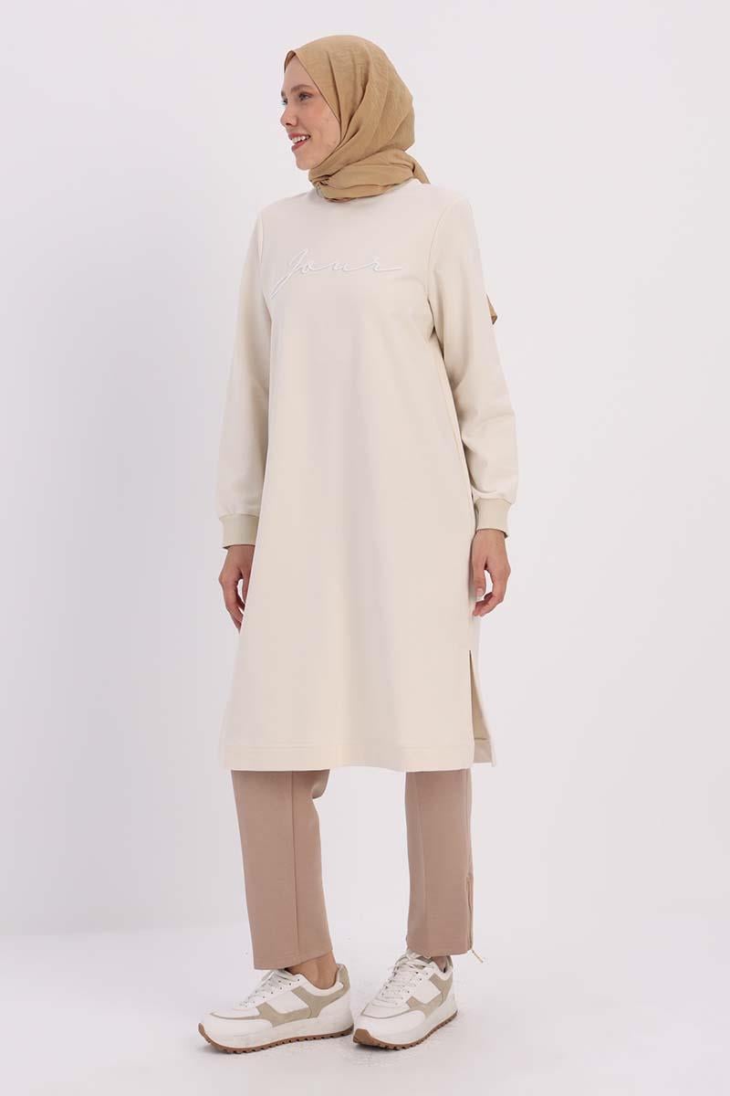 Ekru-NAKIŞLI PİLİKAŞELİ SWEAT TUNİK