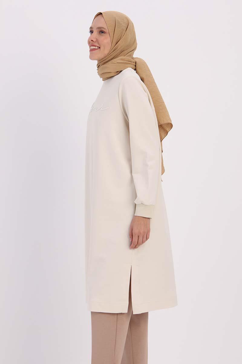 Ekru-NAKIŞLI PİLİKAŞELİ SWEAT TUNİK