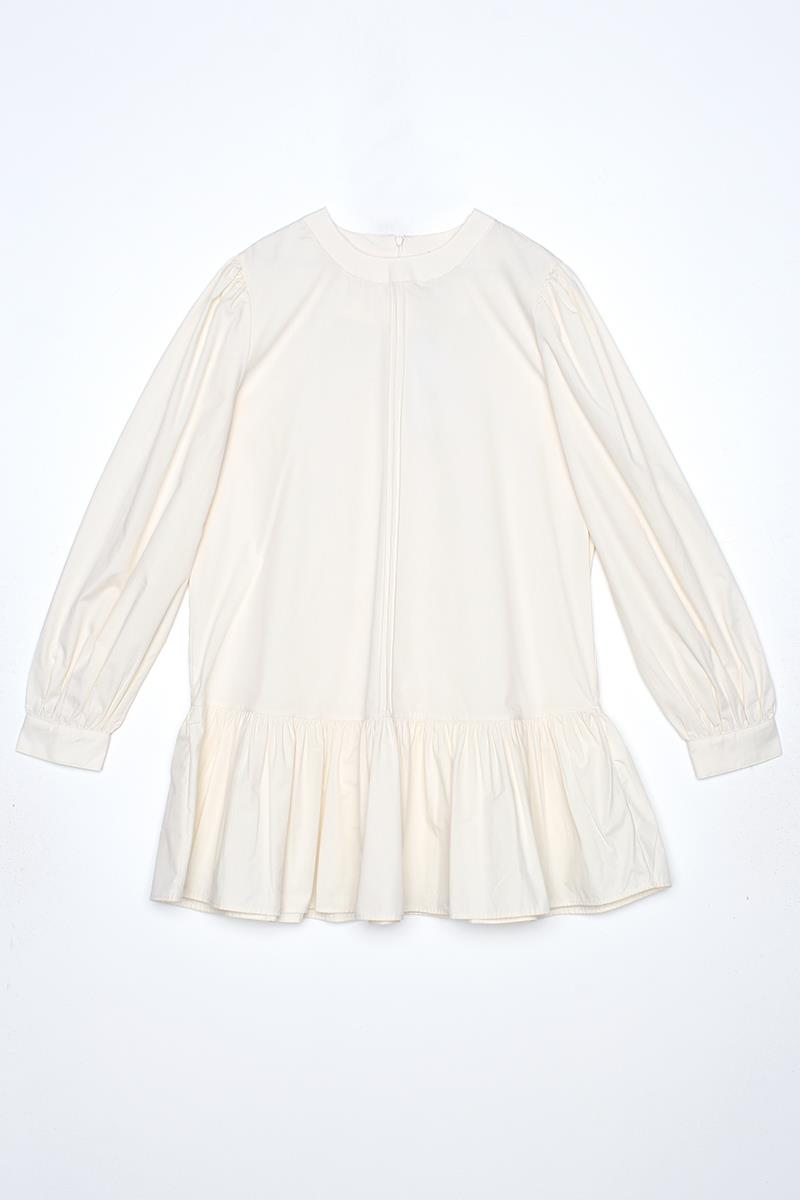 Ecru-Ribbed Collarless Cotton Tunic