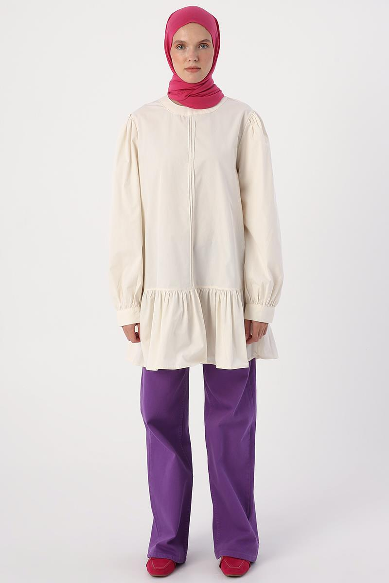 Ecru-Ribbed Collarless Cotton Tunic
