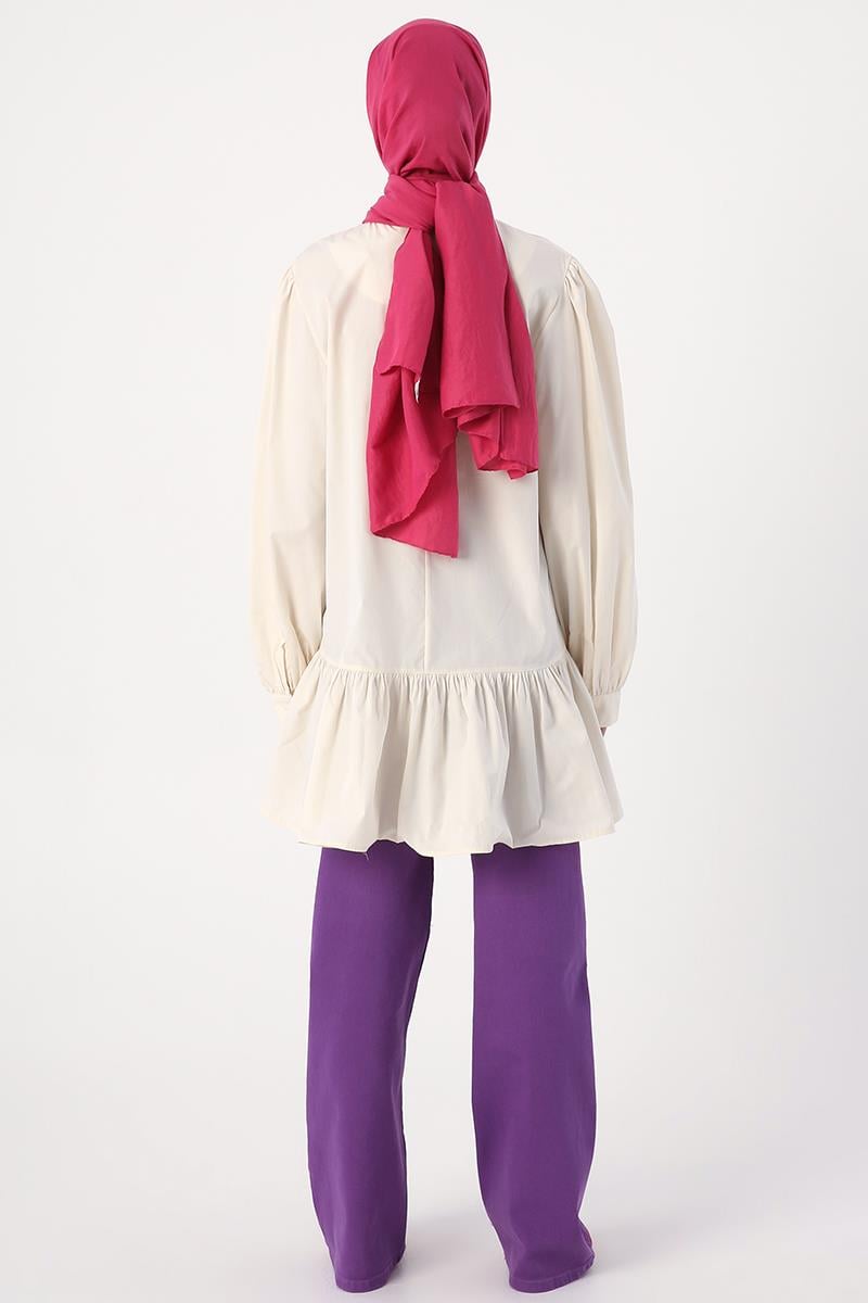 Ecru-Ribbed Collarless Cotton Tunic