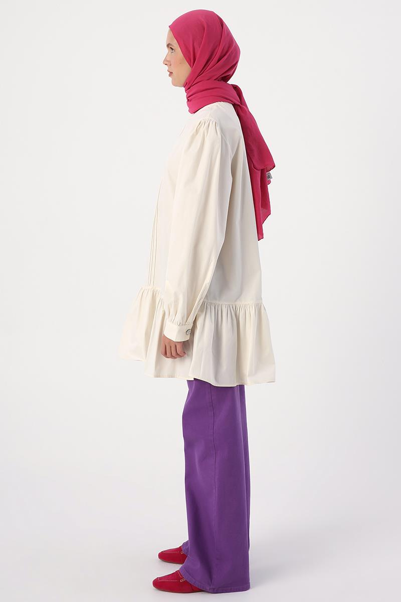 Ecru-Ribbed Collarless Cotton Tunic