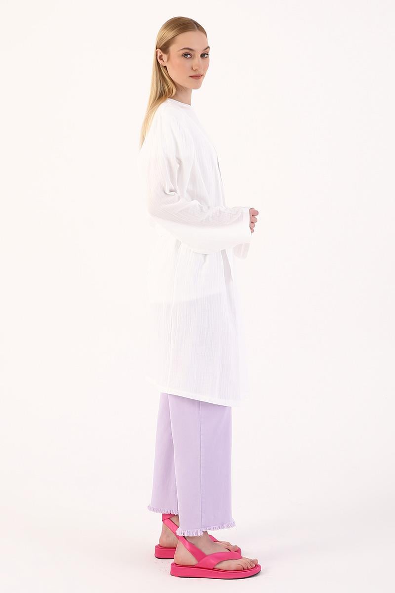 Ecru-Cotton Belted Kimono