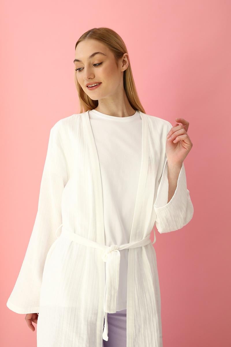 Ecru-Cotton Belted Kimono