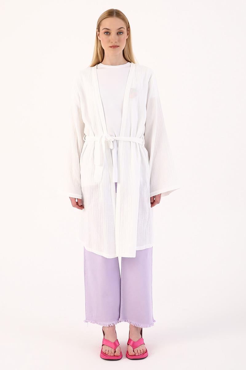 Ecru-Cotton Belted Kimono