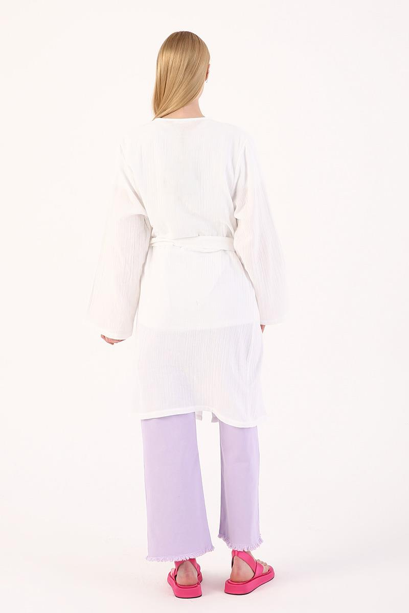 Ecru-Cotton Belted Kimono