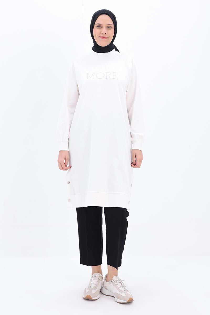 Ekru-Pamuklu Nakışlı Sweat Tunik