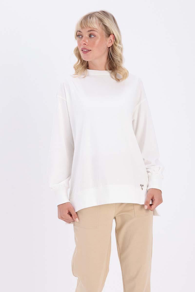 Ekru-Pamuklu Yandan Yırtmaçlı Sweatshirt