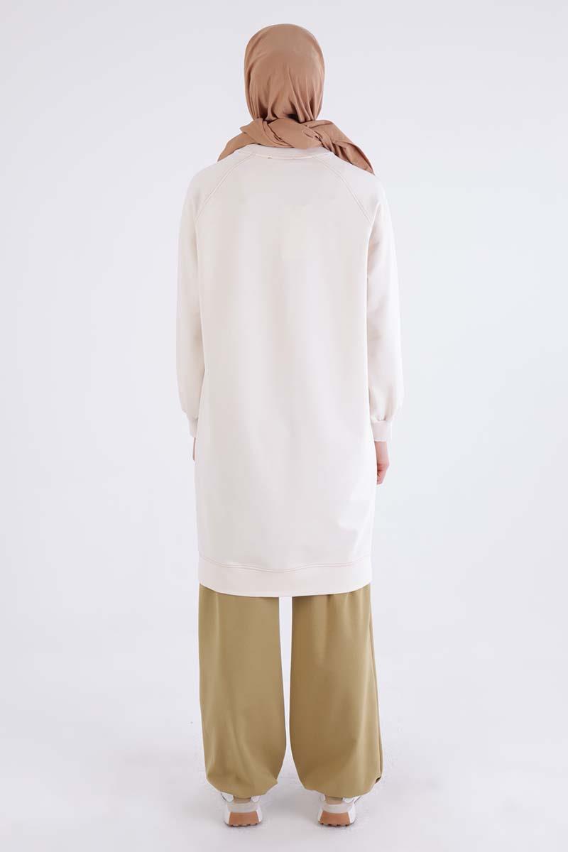 Ekru-Pretty Nakışlı Reglan Kol Sweat Tunik