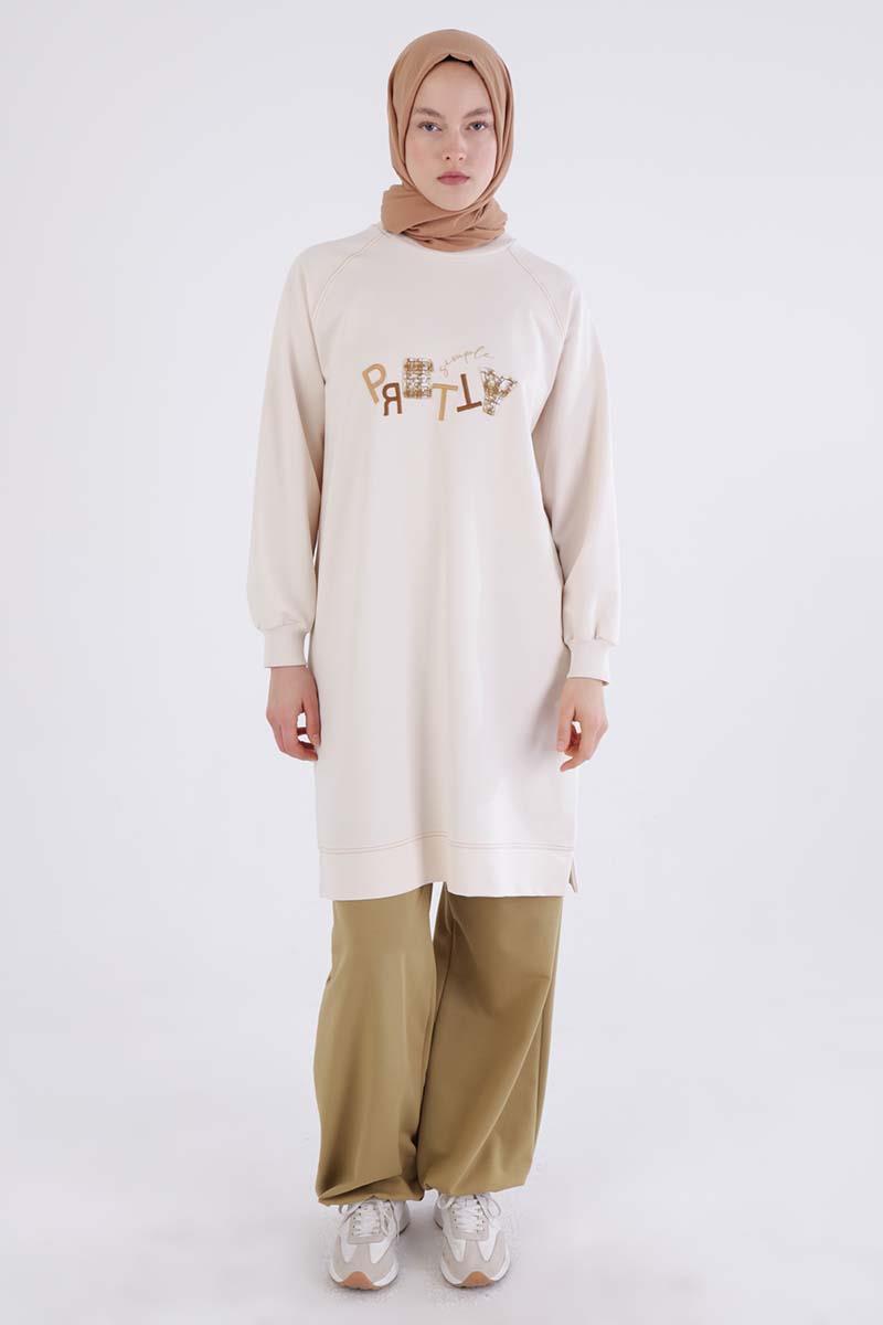 Ekru-Pretty Nakışlı Reglan Kol Sweat Tunik
