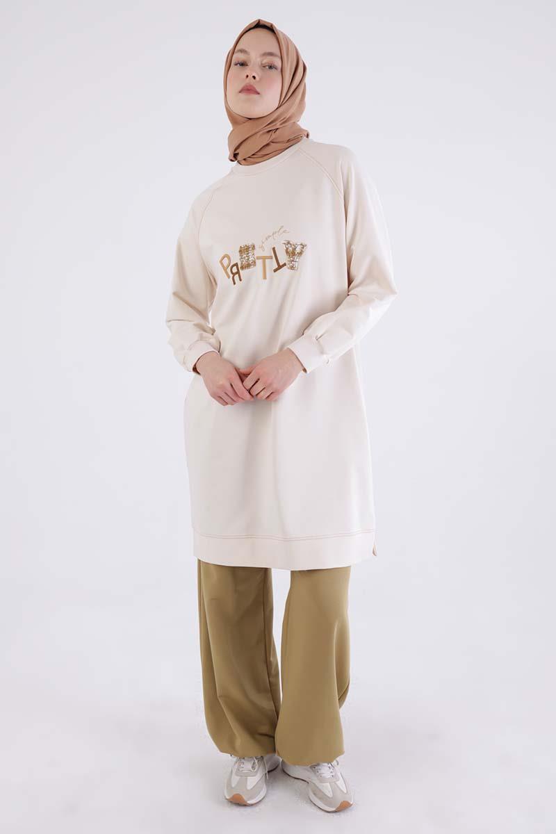 Ekru-Pretty Nakışlı Reglan Kol Sweat Tunik