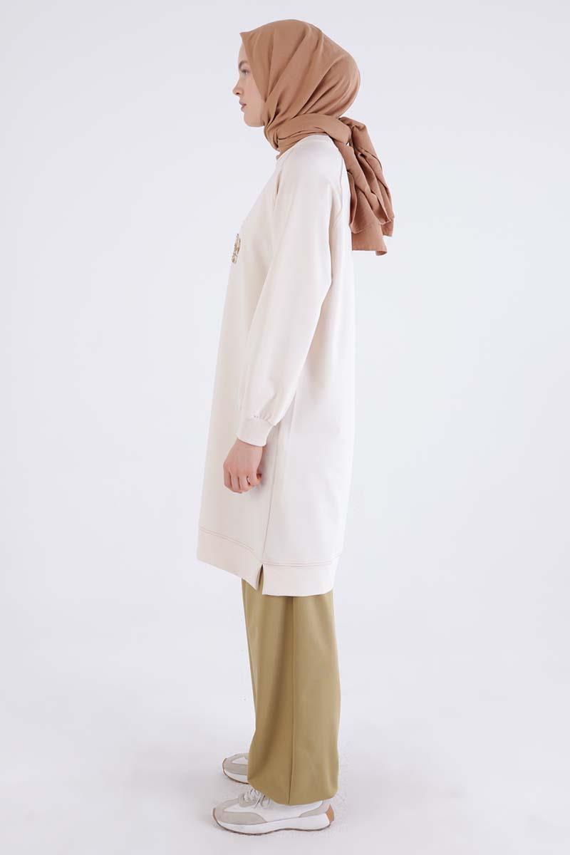 Ekru-Pretty Nakışlı Reglan Kol Sweat Tunik