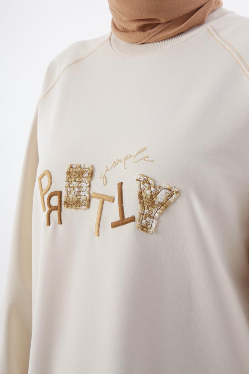 Ekru-Pretty Nakışlı Reglan Kol Sweat Tunik