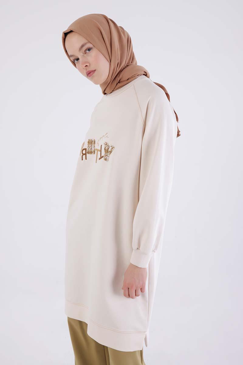 Ekru-Pretty Nakışlı Reglan Kol Sweat Tunik
