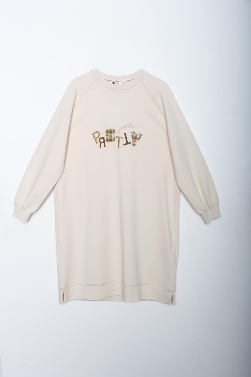 Ekru-Pretty Nakışlı Reglan Kol Sweat Tunik