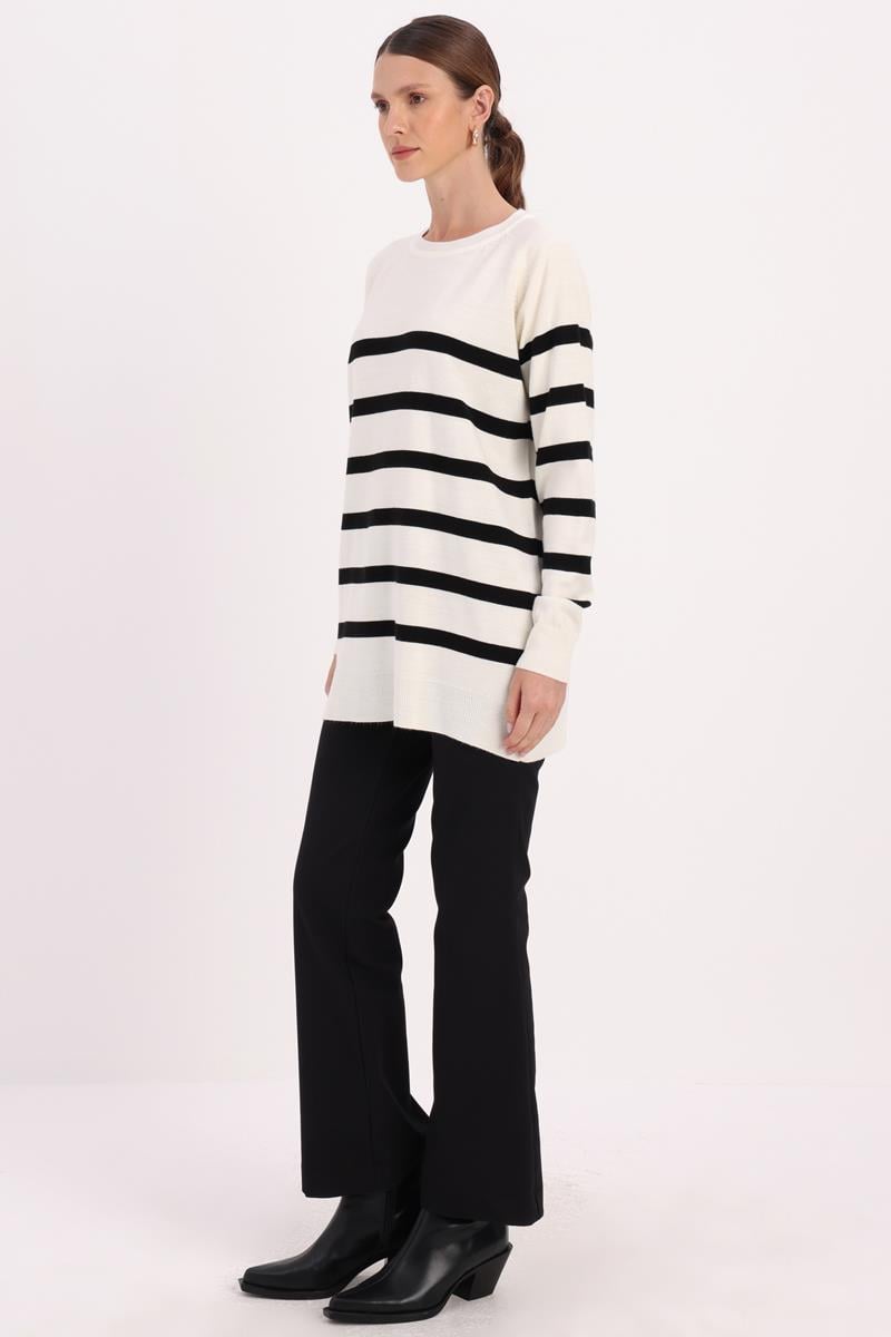 Ecru-Black-BASIC STRIPED CREW NECK SWEATER