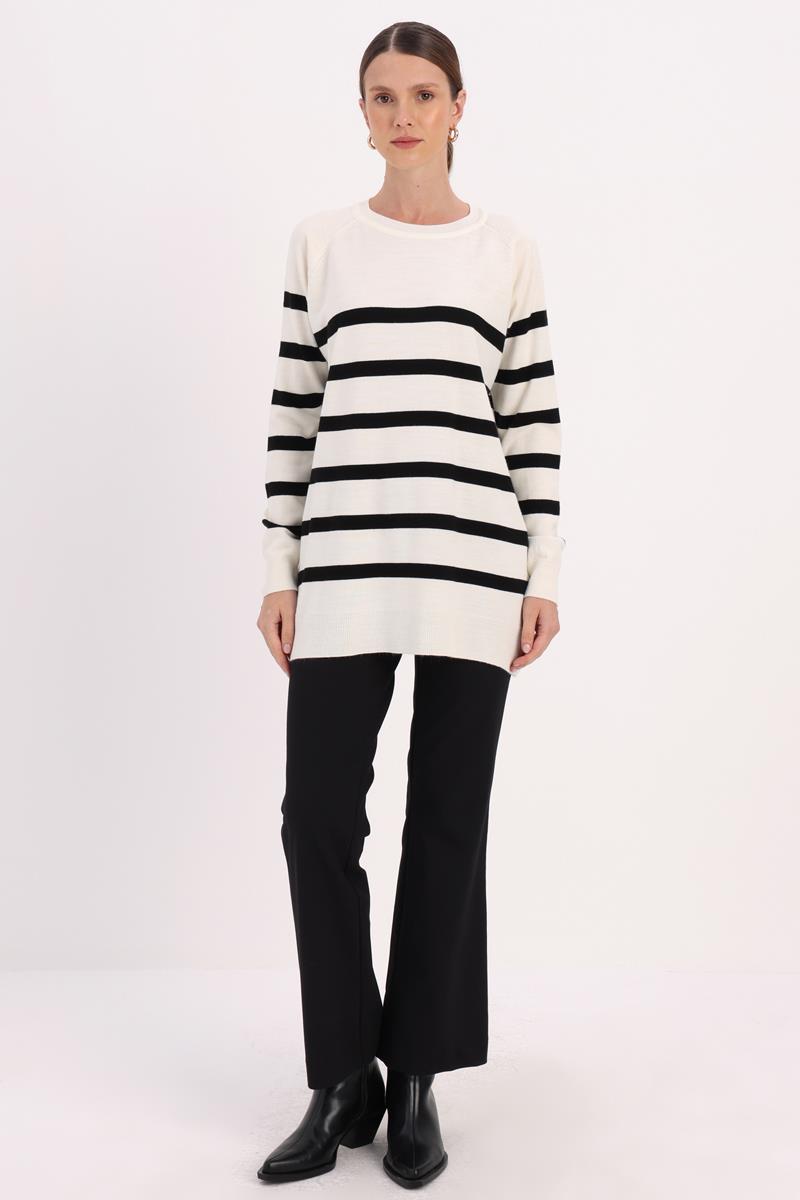 Ecru-Black-BASIC STRIPED CREW NECK SWEATER