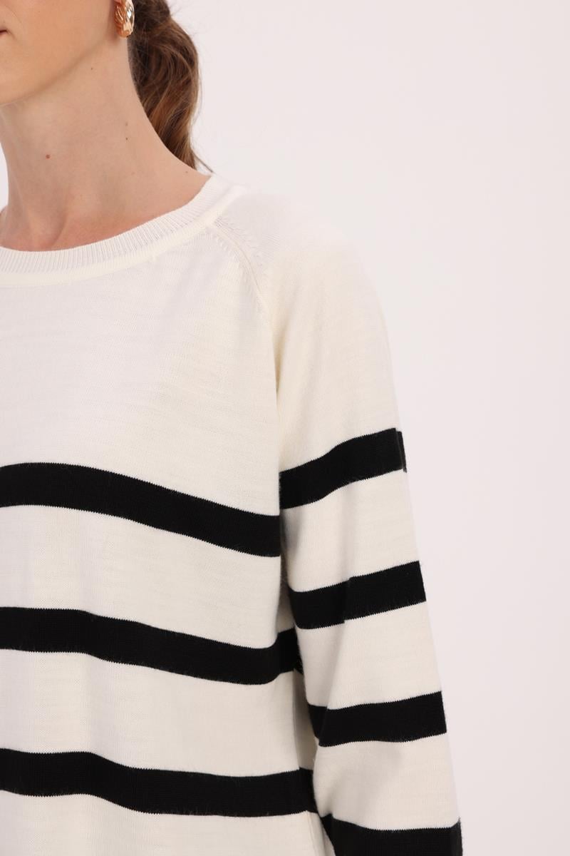 Ecru-Black-BASIC STRIPED CREW NECK SWEATER