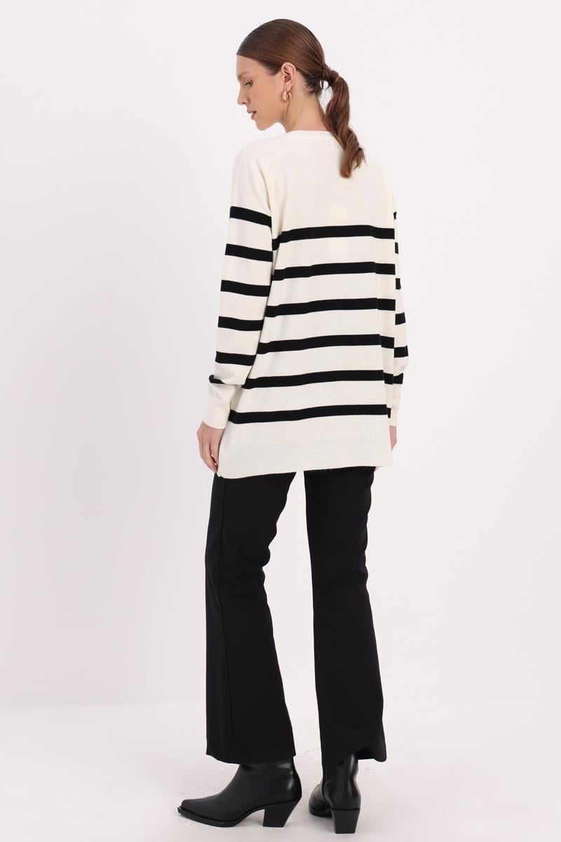 Ecru-Black-BASIC STRIPED CREW NECK SWEATER
