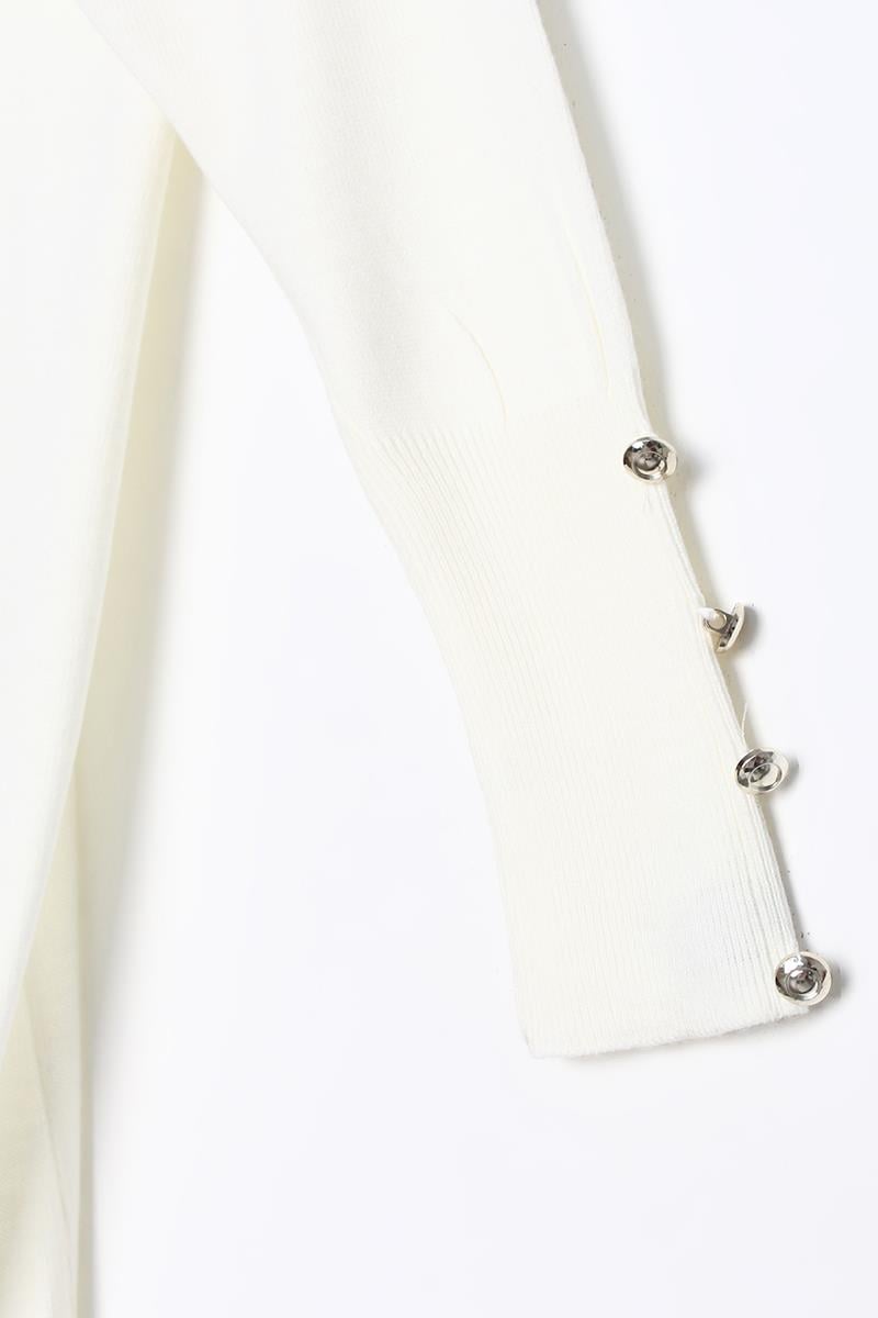Ecru-V-Neck Buttoned Long Knitted Cardigan