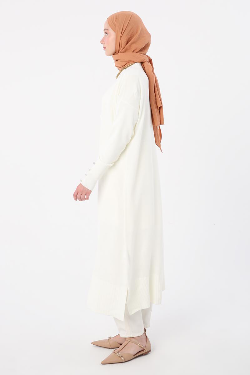 Ecru-V-Neck Buttoned Long Knitted Cardigan
