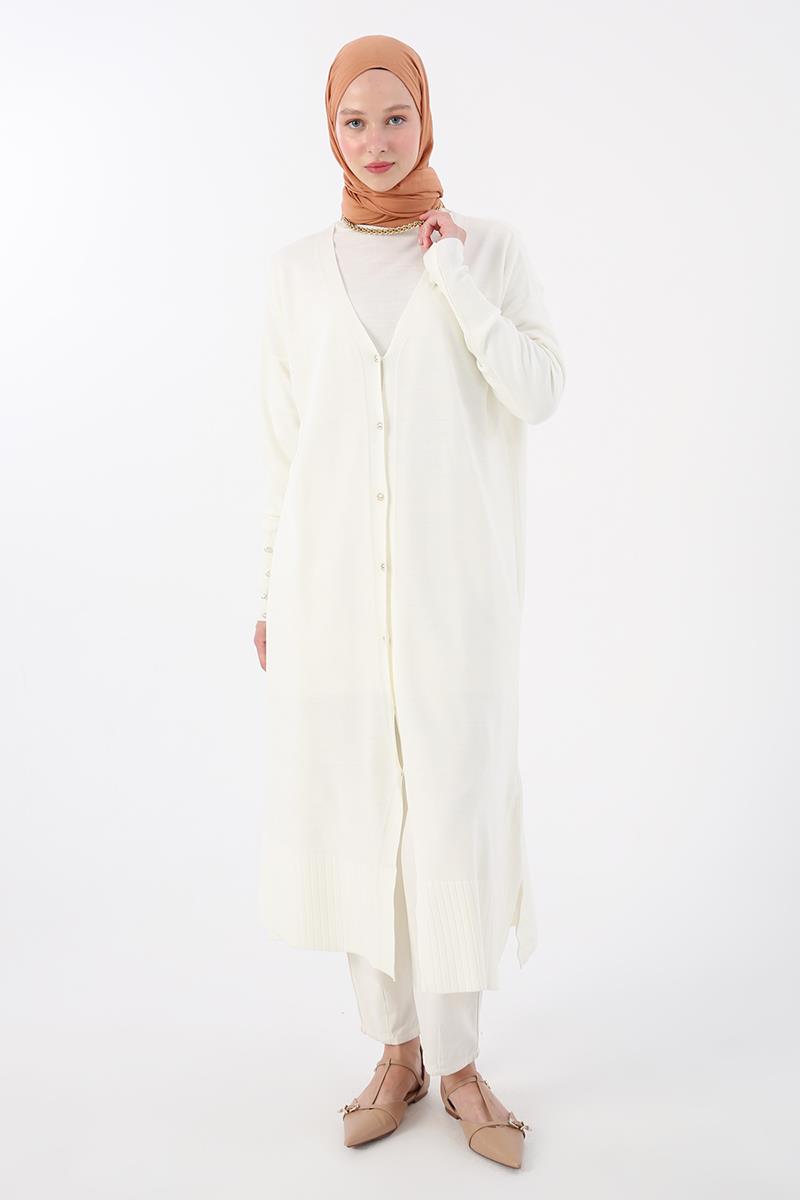Ecru-V-Neck Buttoned Long Knitted Cardigan